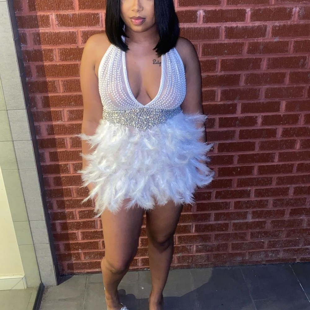 White feather birthday dress